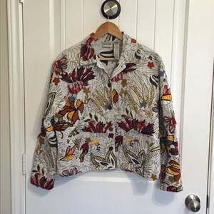 Chico's Women's Garden Bloom Roadster Denim Floral Embroidered Jacket Size 8